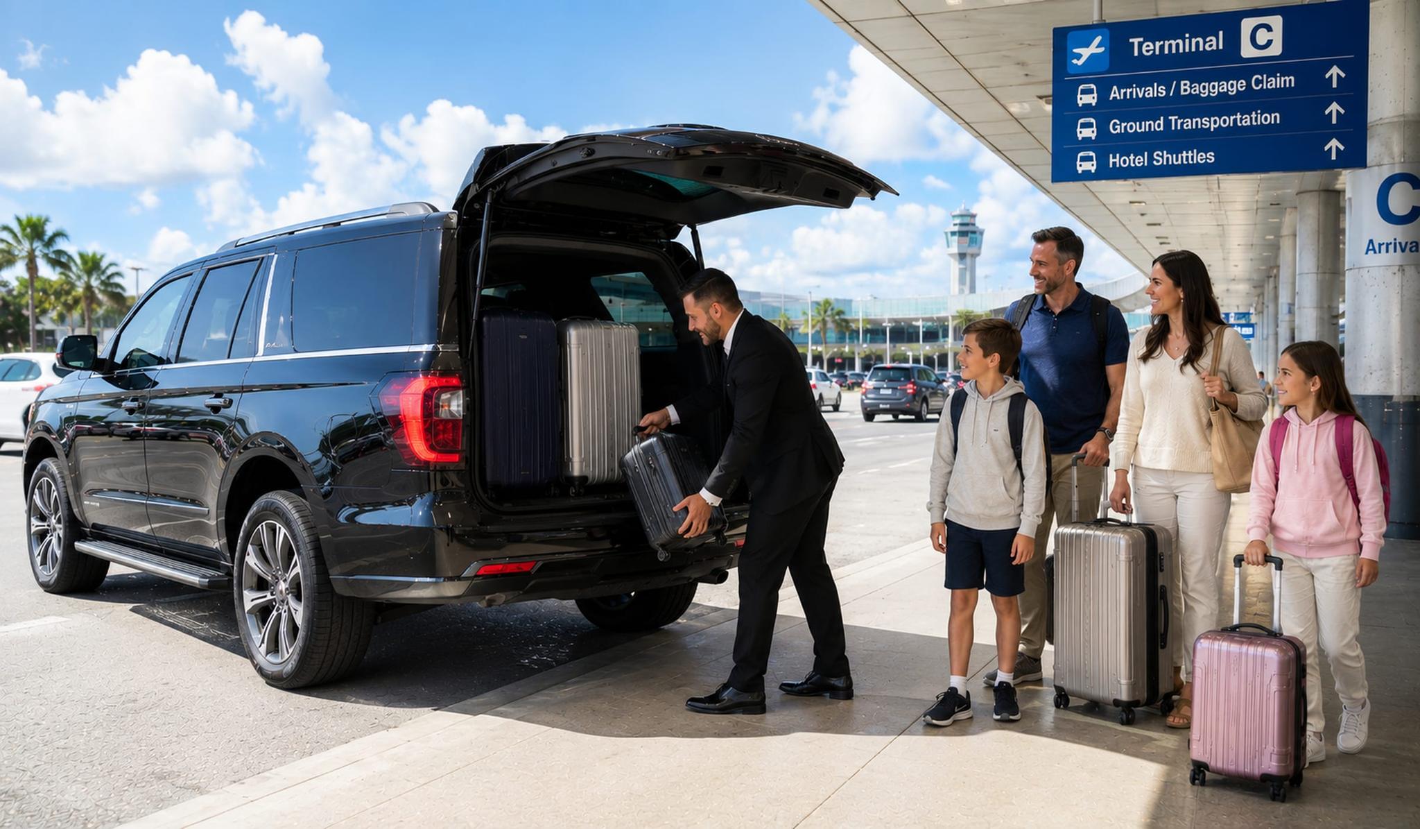 A Pixie Rides driver loading a family's luggage into an SUV at Orlando airport arrivals