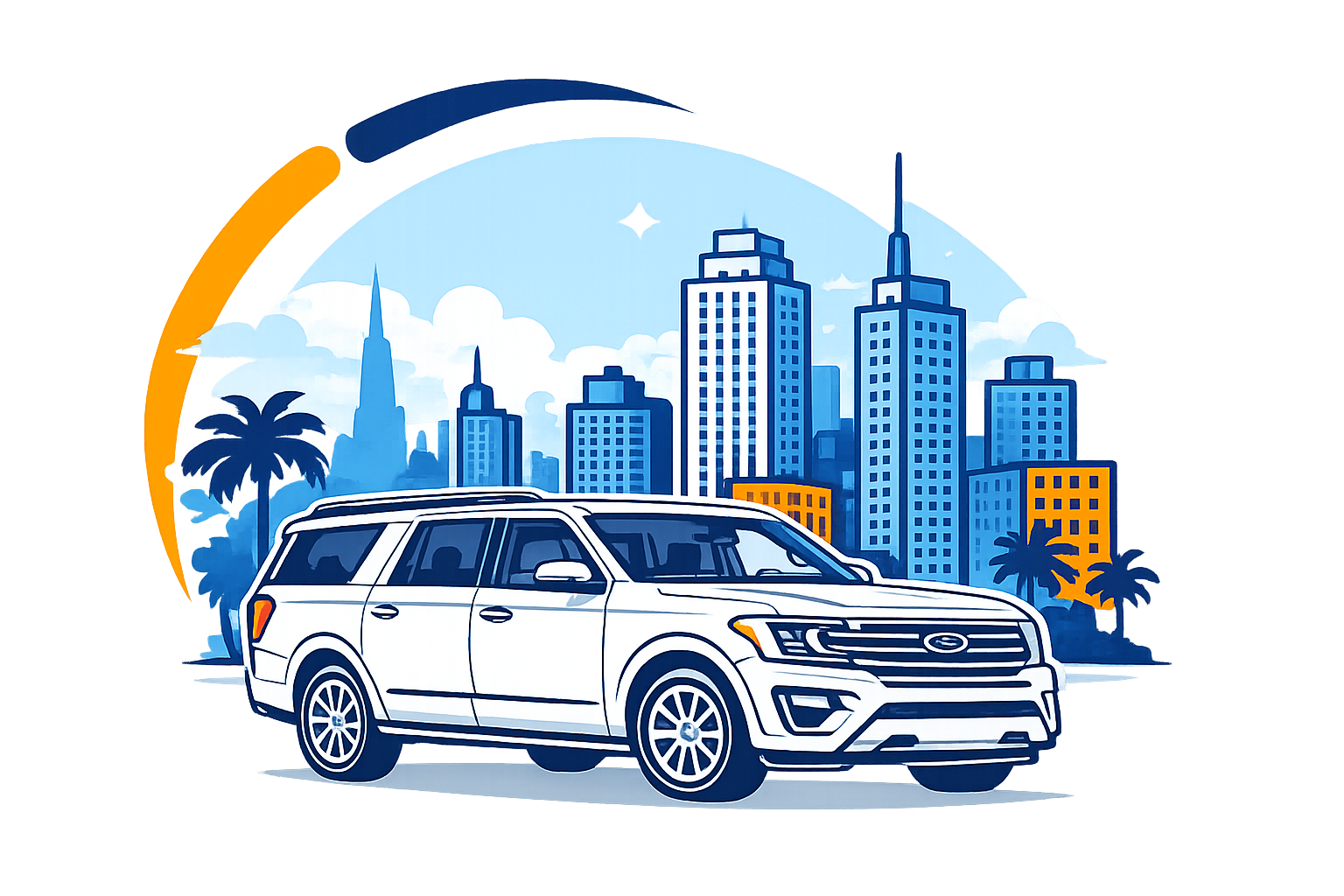 White Ford Expedition SUV on Orlando road with city skyline